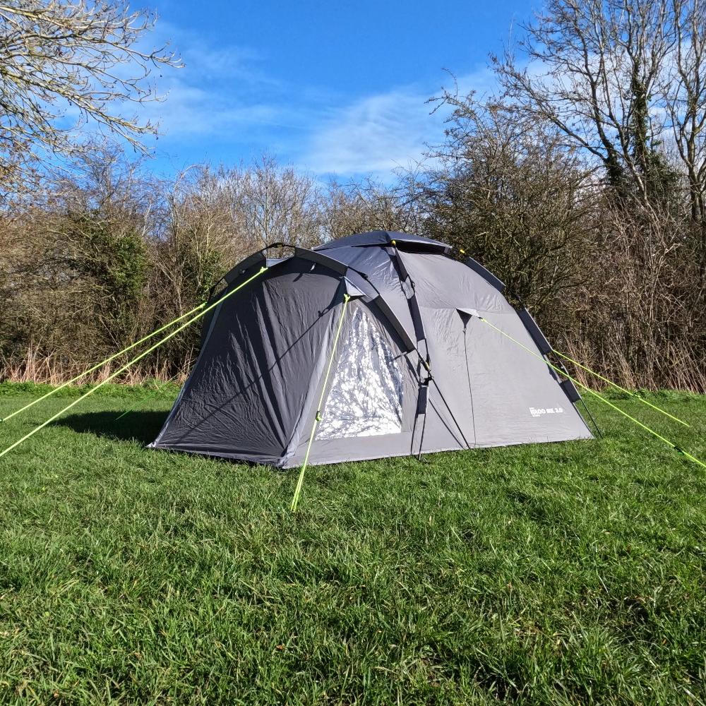 Photograph of LocTek Igloo MK3 Fast Pitch Tent - 3 Man Poled Tent Khyam with closed front portch on grassy campsite.